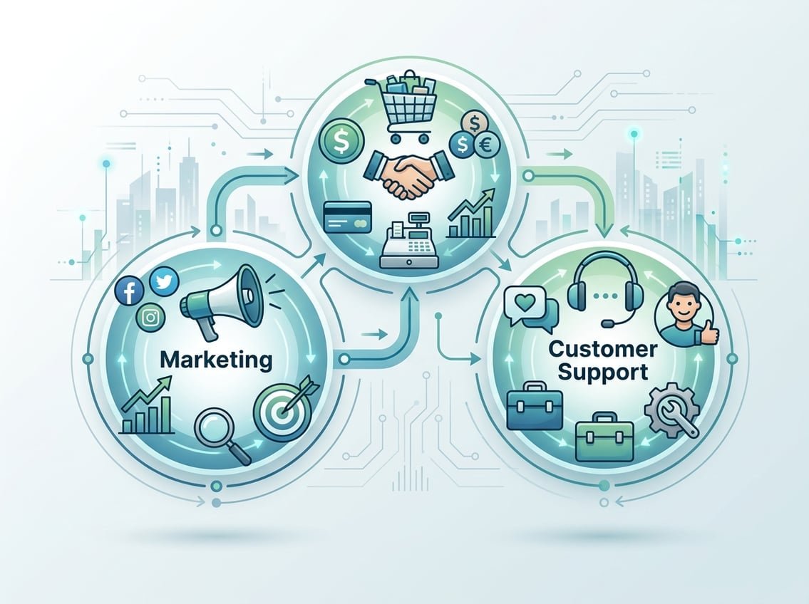 An illustration showing three interconnected systems symbolizing marketing, sales, and customer support working together to help an online business grow.