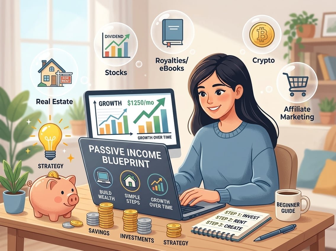 A workspace with a laptop showing financial charts, coins, a piggy bank, and icons representing different passive income sources.