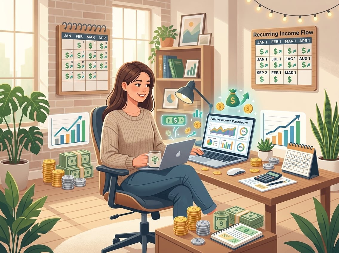 A young adult working on a laptop at a desk surrounded by coins, dollar bills, and upward graphs in a home office setting.