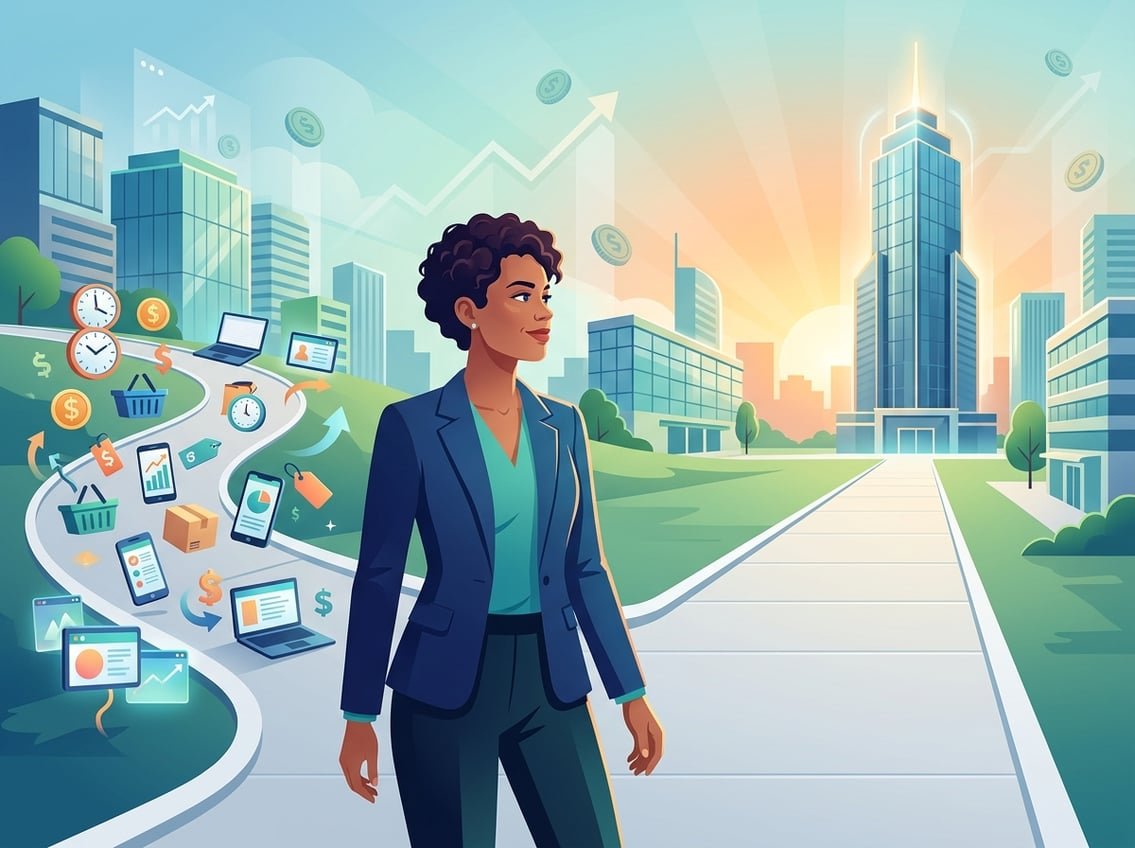 A person standing at a crossroads in a city, choosing a clear path toward a tall building symbolizing stable income while turning away from a cluttered path filled with side hustle icons.