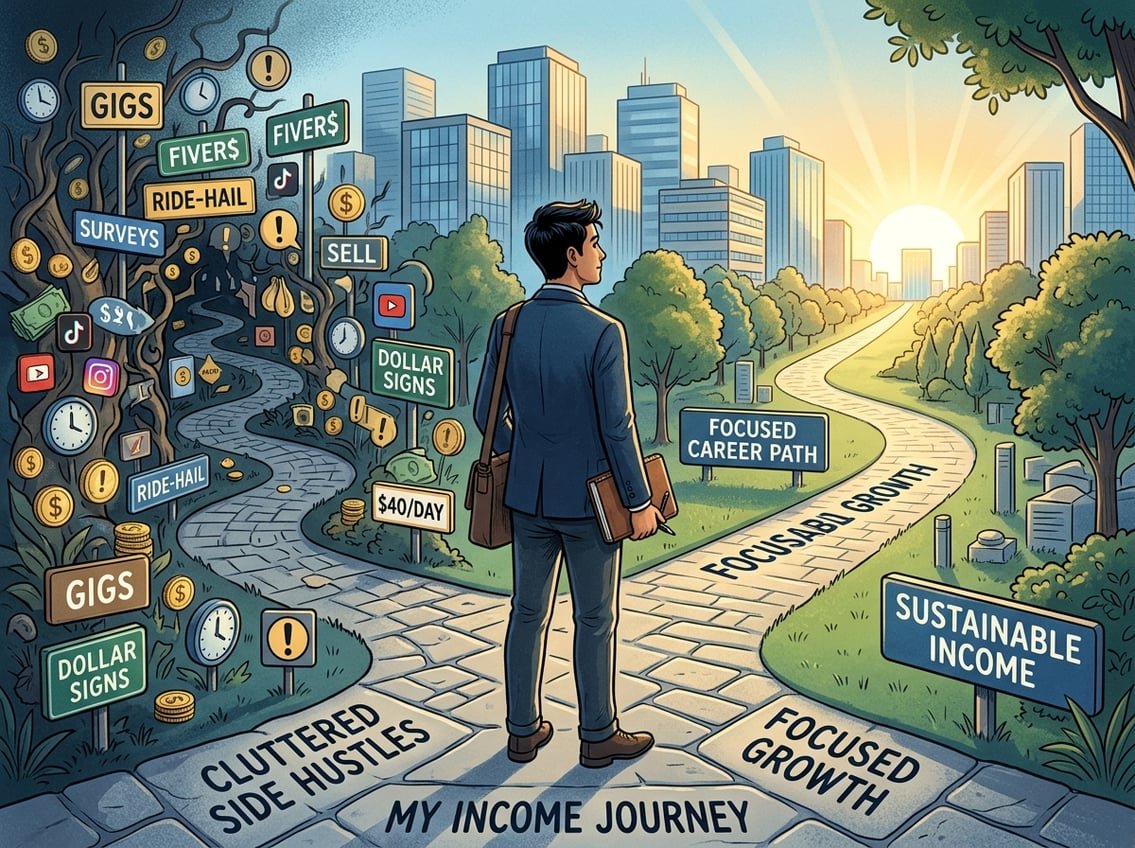 A person at a crossroads choosing between a cluttered path with many side hustle symbols and a clear, straight path leading toward a city skyline at sunrise.