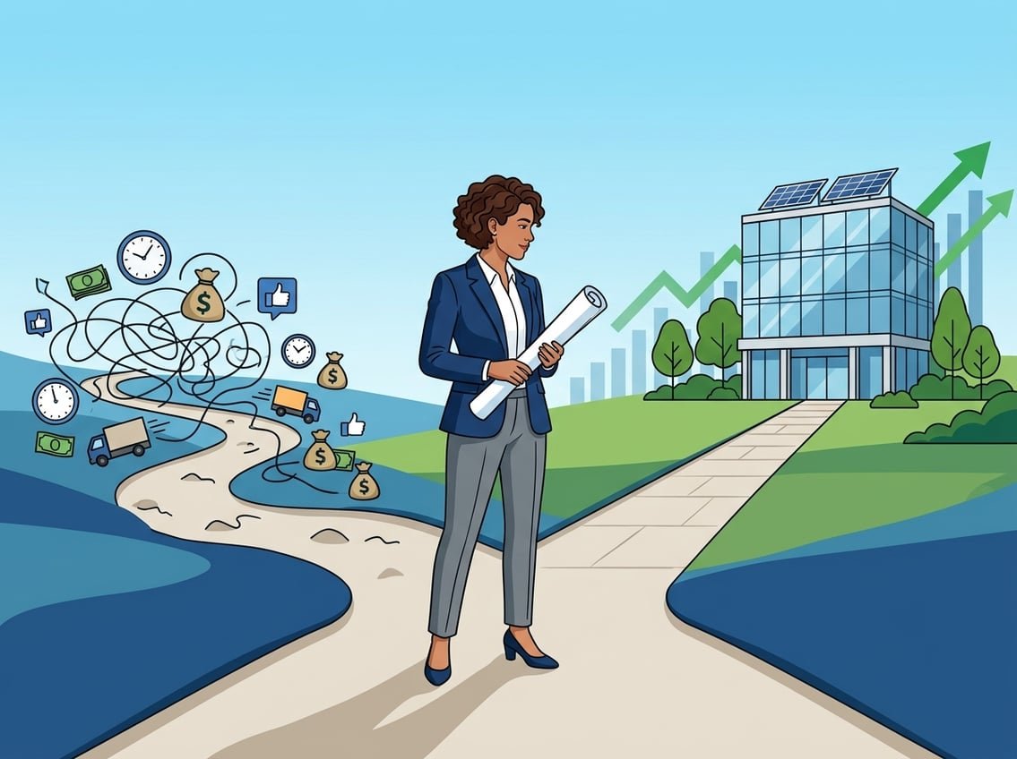 An entrepreneur stands at a crossroads choosing a clear path toward a modern office building, with another path cluttered with side hustle icons behind them.