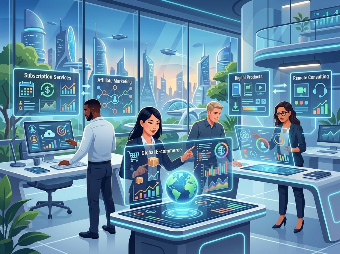 A group of diverse professionals working with holographic screens showing various online business activities in a futuristic office setting.