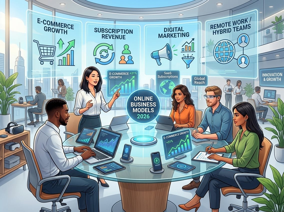 A group of people working together in a modern office with digital screens showing business charts and icons related to online business.