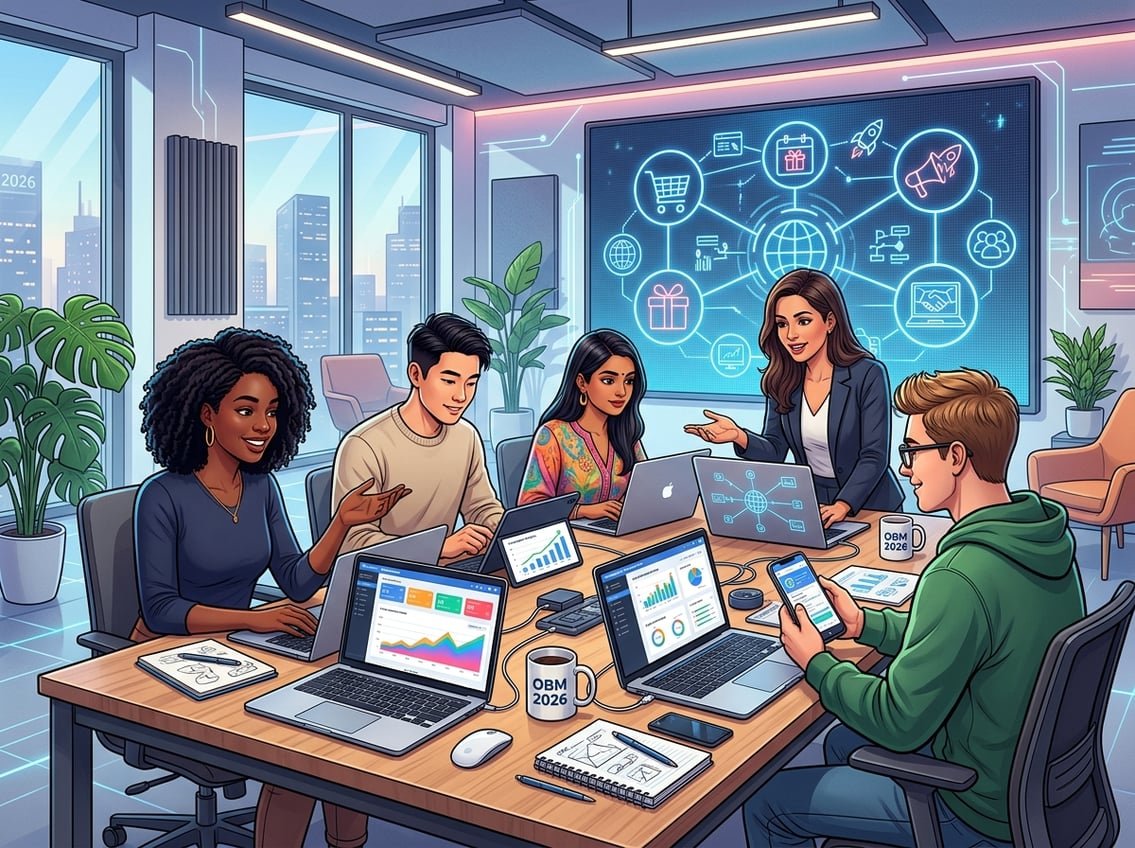 A group of people working together at a desk with laptops and tablets, exploring online business models using digital devices and charts.